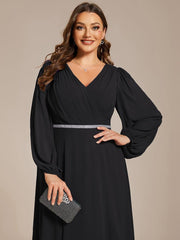 Classic Plus Size A-Line V-Neck Long Sleeves Chiffon Evening Dress