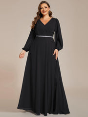 Classic Plus Size A-Line V-Neck Long Sleeves Chiffon Evening Dress