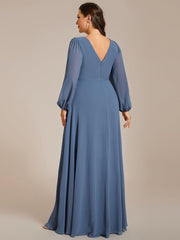 Classic Plus Size A-Line V-Neck Long Sleeves Chiffon Evening Dress