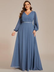 Classic Plus Size A-Line V-Neck Long Sleeves Chiffon Evening Dress
