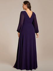 Classic Plus Size A-Line V-Neck Long Sleeves Chiffon Evening Dress