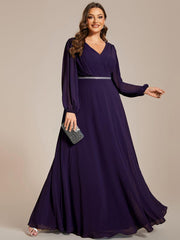 Classic Plus Size A-Line V-Neck Long Sleeves Chiffon Evening Dress