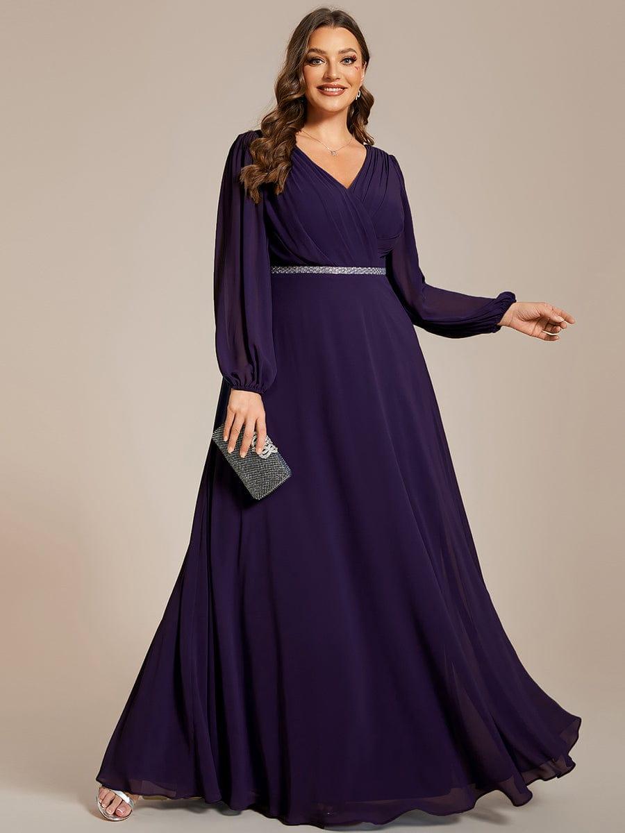 Classic Plus Size A-Line V-Neck Long Sleeves Chiffon Evening Dress
