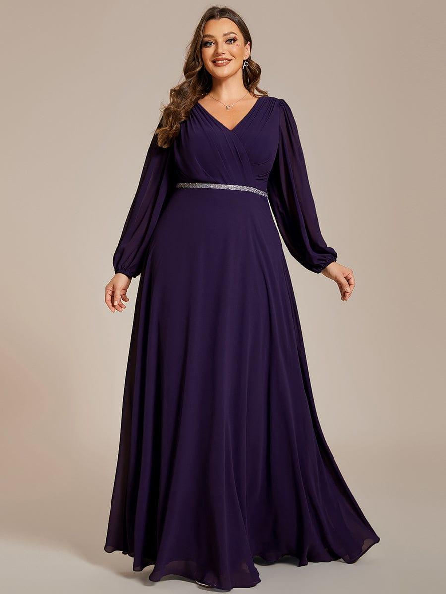 Classic Plus Size A-Line V-Neck Long Sleeves Chiffon Evening Dress