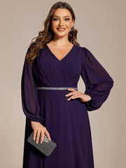 Classic Plus Size A-Line V-Neck Long Sleeves Chiffon Evening Dress
