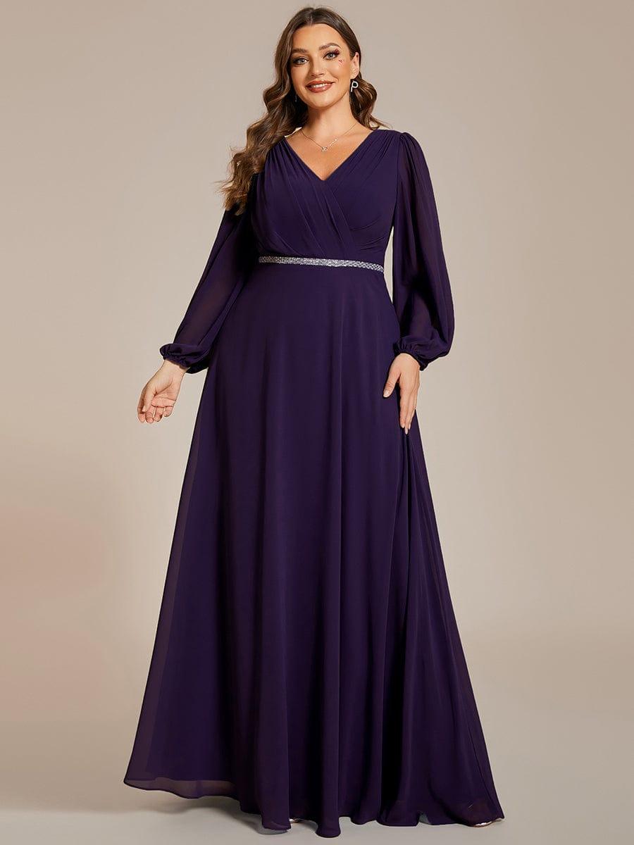 Classic Plus Size A-Line V-Neck Long Sleeves Chiffon Evening Dress