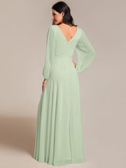 Classic Plus Size A-Line V-Neck Long Sleeves Chiffon Evening Dress