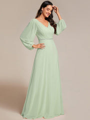 Classic Plus Size A-Line V-Neck Long Sleeves Chiffon Evening Dress