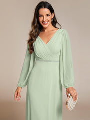 Classic Plus Size A-Line V-Neck Long Sleeves Chiffon Evening Dress