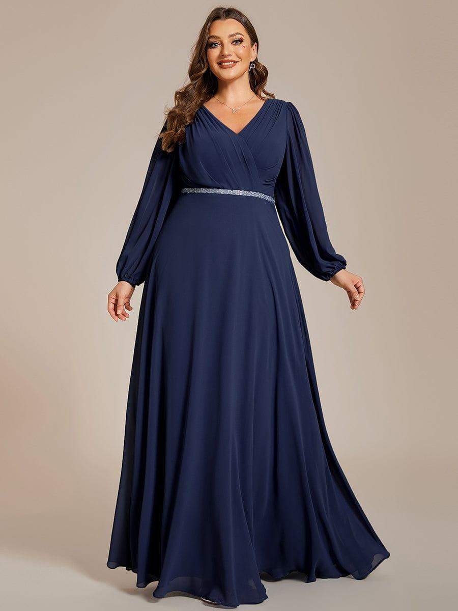Classic Plus Size A-Line V-Neck Long Sleeves Chiffon Evening Dress