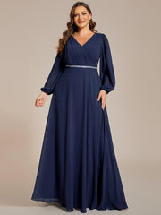 Classic Plus Size A-Line V-Neck Long Sleeves Chiffon Evening Dress