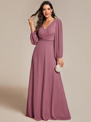 Classic Plus Size A-Line V-Neck Long Sleeves Chiffon Evening Dress