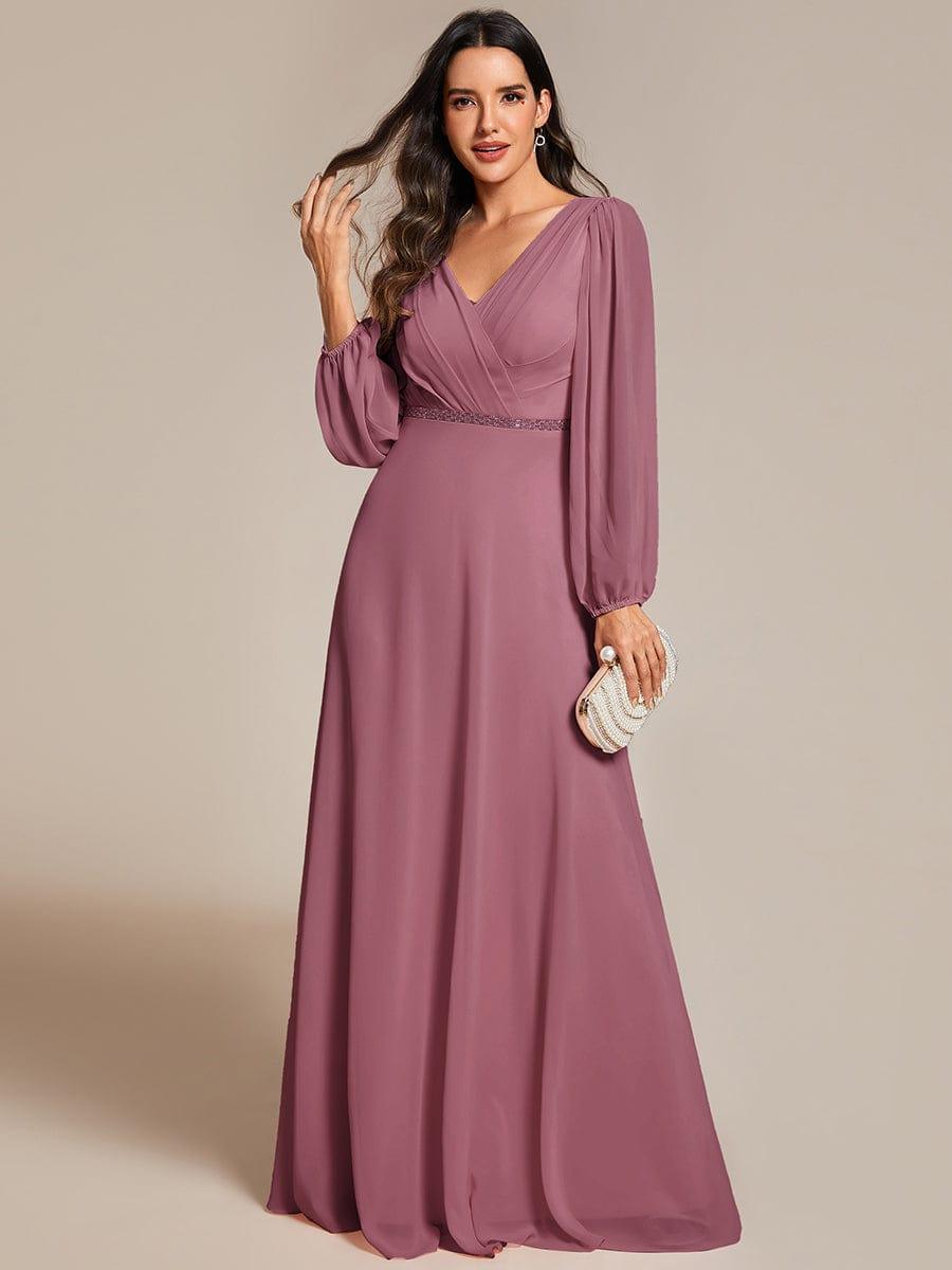 Classic Plus Size A-Line V-Neck Long Sleeves Chiffon Evening Dress