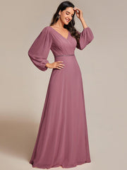 Classic Plus Size A-Line V-Neck Long Sleeves Chiffon Evening Dress