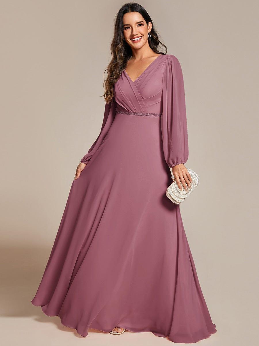 Classic Plus Size A-Line V-Neck Long Sleeves Chiffon Evening Dress