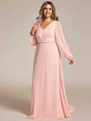 Classic Plus Size A-Line V-Neck Long Sleeves Chiffon Evening Dress