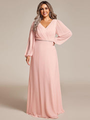 Classic Plus Size A-Line V-Neck Long Sleeves Chiffon Evening Dress