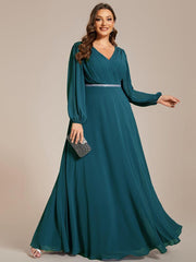 Classic Plus Size A-Line V-Neck Long Sleeves Chiffon Evening Dress