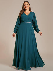 Classic Plus Size A-Line V-Neck Long Sleeves Chiffon Evening Dress