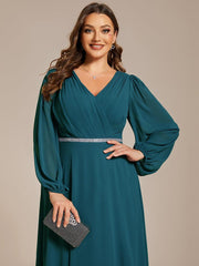 Classic Plus Size A-Line V-Neck Long Sleeves Chiffon Evening Dress