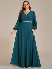 Classic Plus Size A-Line V-Neck Long Sleeves Chiffon Evening Dress