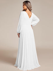 Classic Plus Size A-Line V-Neck Long Sleeves Chiffon Evening Dress