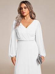 Classic Plus Size A-Line V-Neck Long Sleeves Chiffon Evening Dress