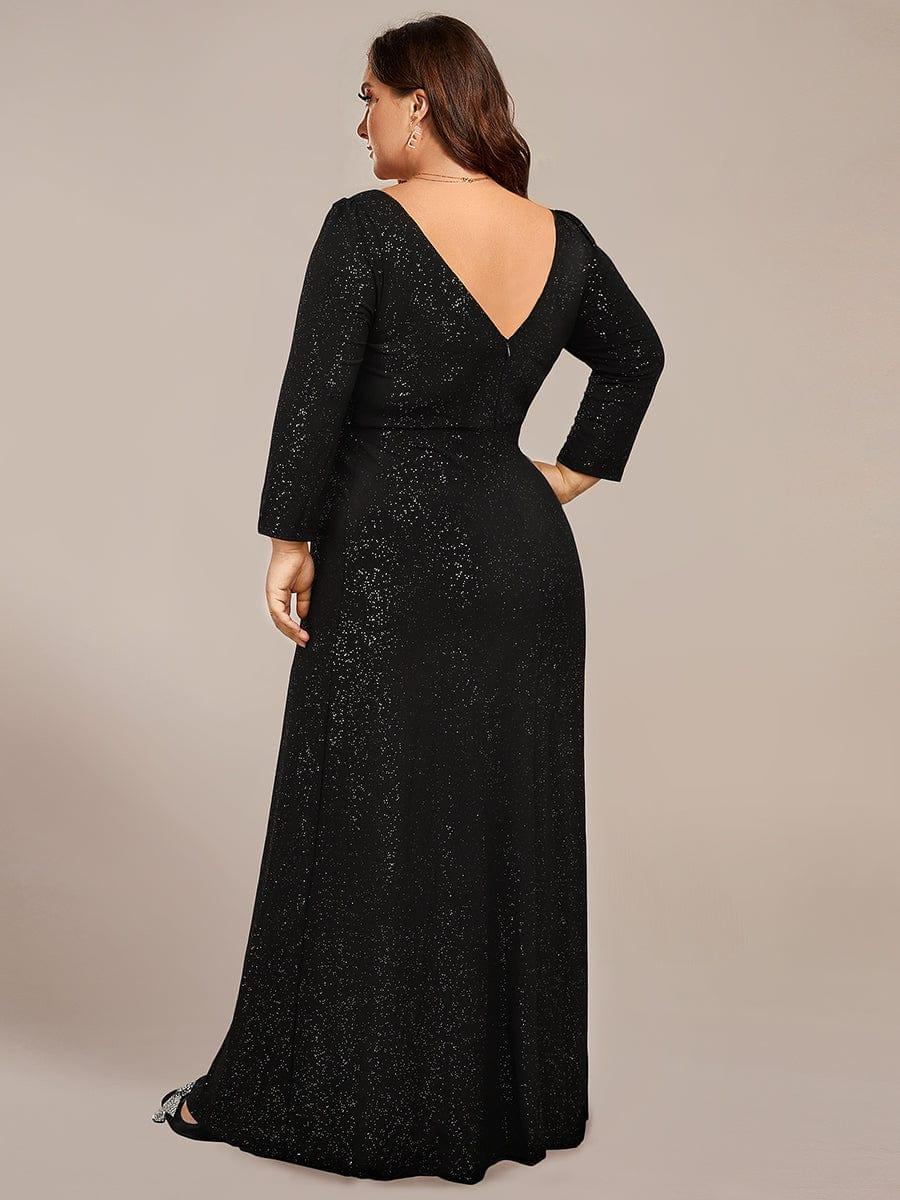 Fancy Plus Size Long Sleeves V-Neck Sequin Evening Dress with Slit