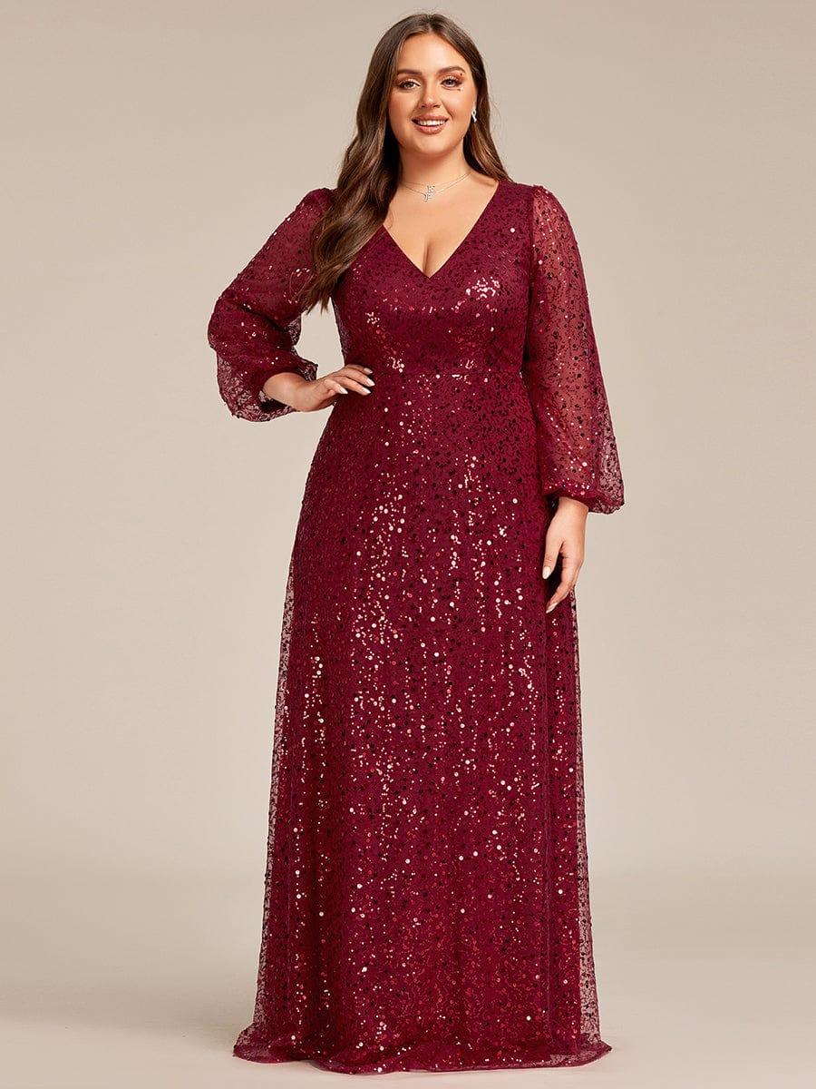 Dazzling Plus Size V-Neck Long Sleeves Sequin A-Line Evening Dress