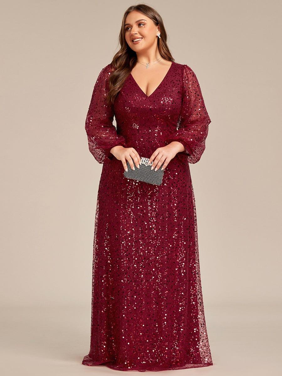 Dazzling Plus Size V-Neck Long Sleeves Sequin A-Line Evening Dress