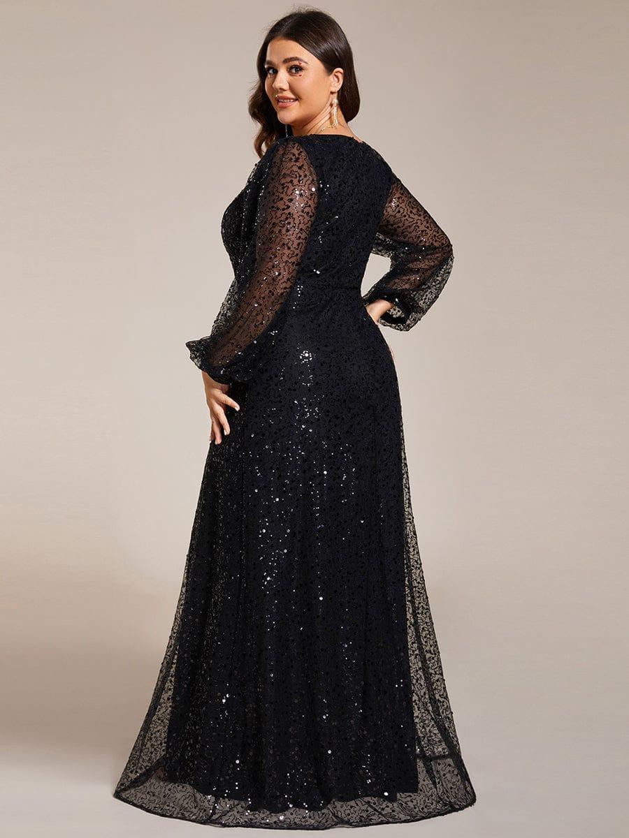 Dazzling Plus Size V-Neck Long Sleeves Sequin A-Line Evening Dress
