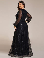Dazzling Plus Size V-Neck Long Sleeves Sequin A-Line Evening Dress