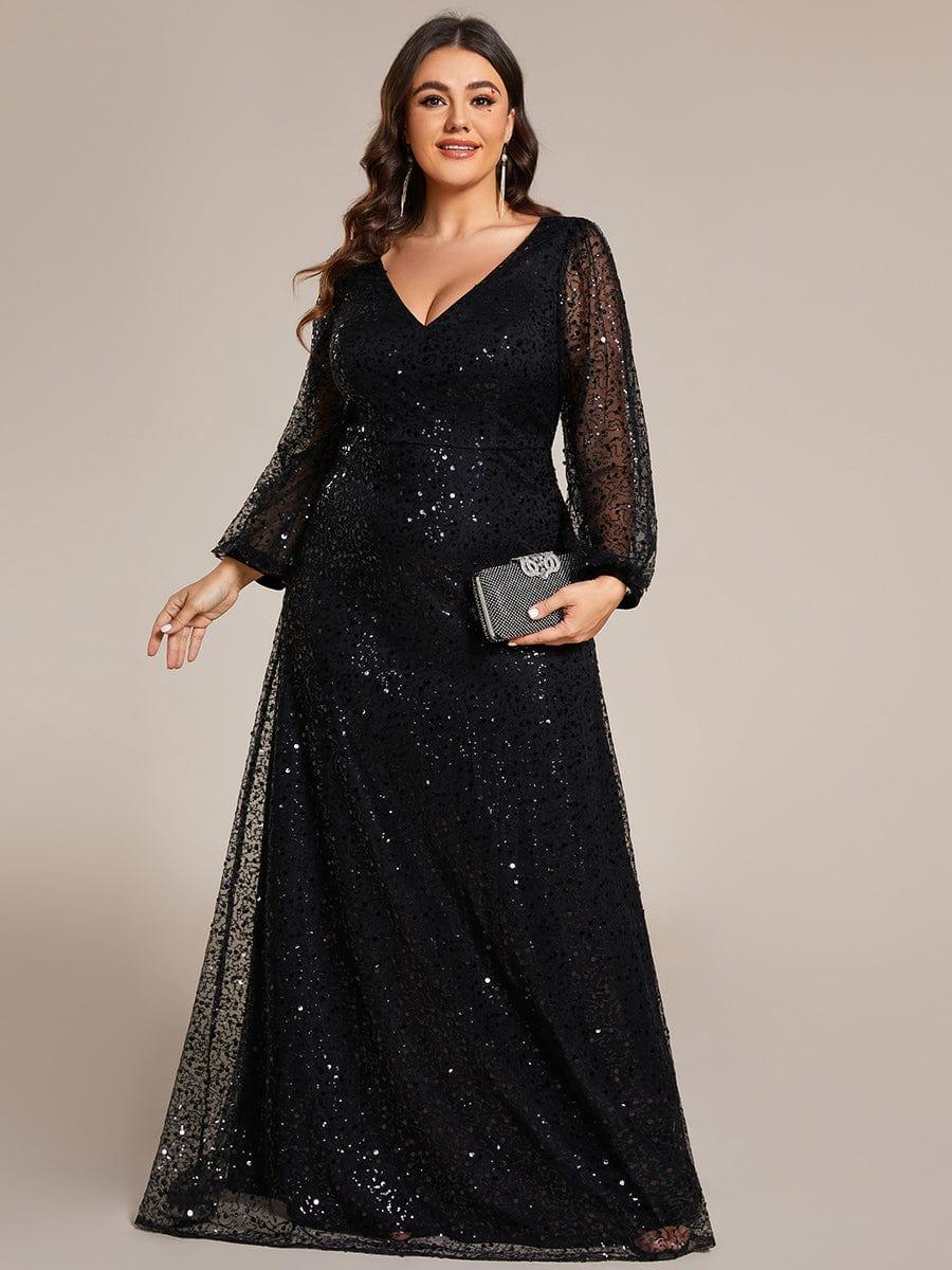 Dazzling Plus Size V-Neck Long Sleeves Sequin A-Line Evening Dress