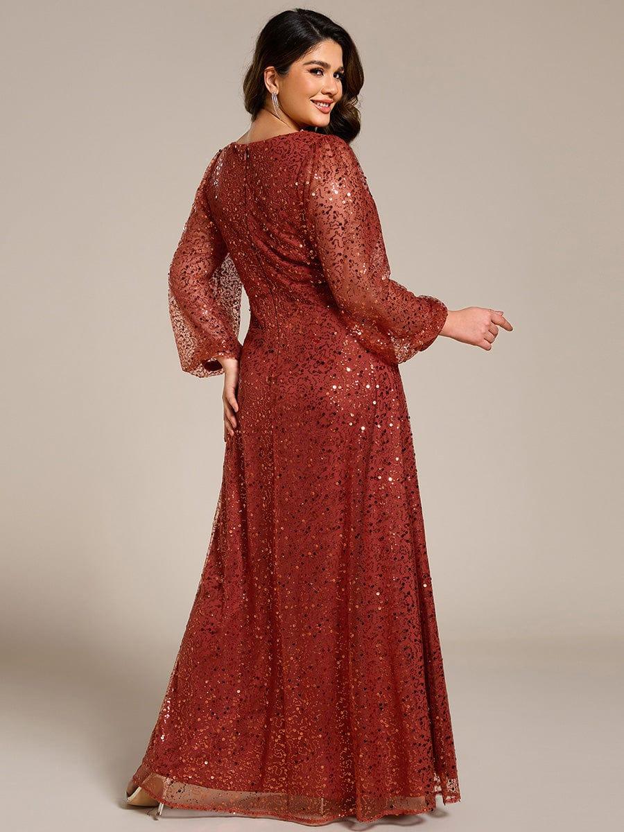 Dazzling Plus Size V-Neck Long Sleeves Sequin A-Line Evening Dress