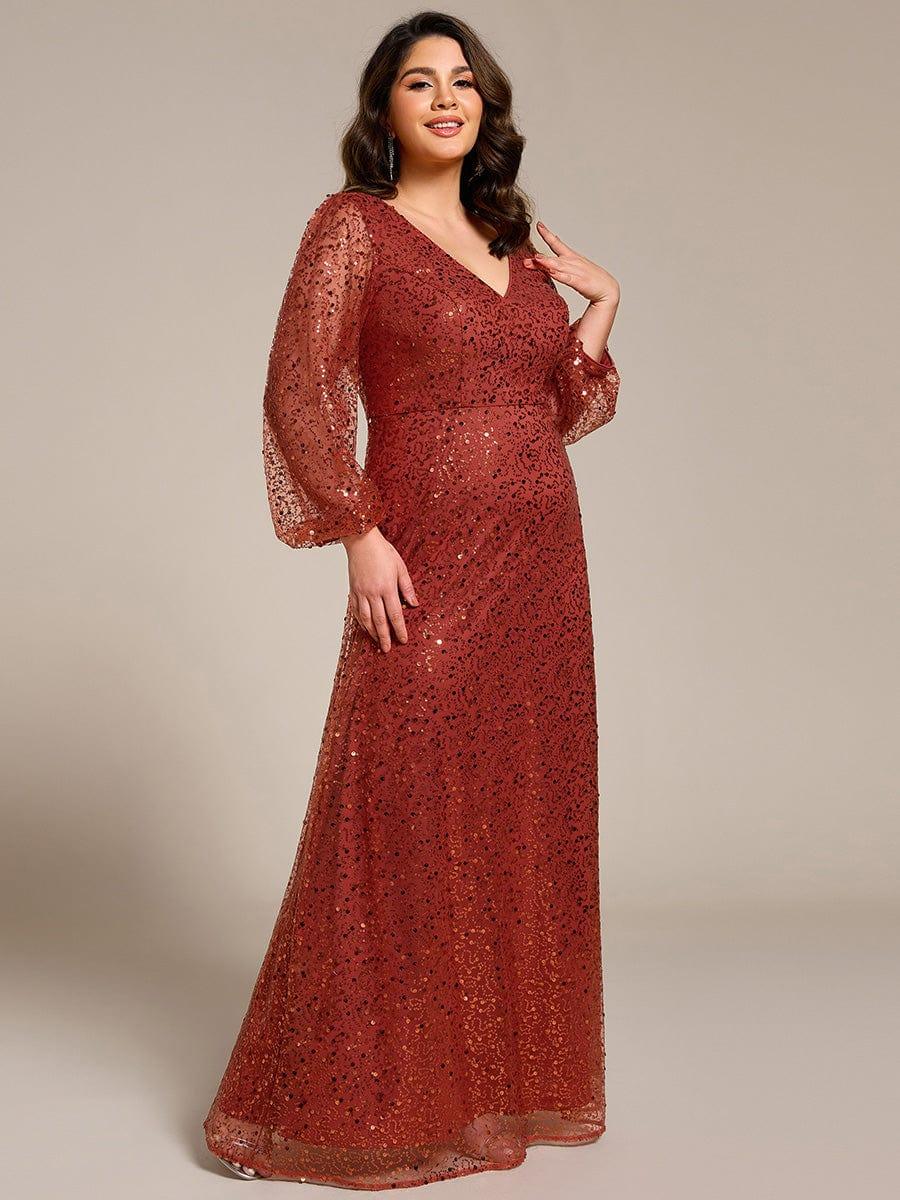 Dazzling Plus Size V-Neck Long Sleeves Sequin A-Line Evening Dress
