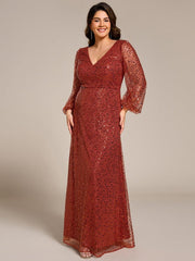 Dazzling Plus Size V-Neck Long Sleeves Sequin A-Line Evening Dress