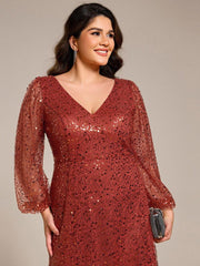 Dazzling Plus Size V-Neck Long Sleeves Sequin A-Line Evening Dress