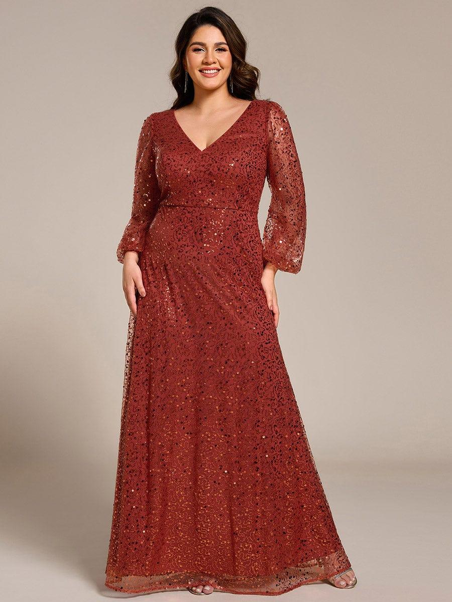 Dazzling Plus Size V-Neck Long Sleeves Sequin A-Line Evening Dress
