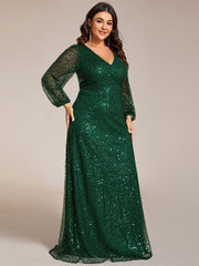Dazzling Plus Size V-Neck Long Sleeves Sequin A-Line Evening Dress