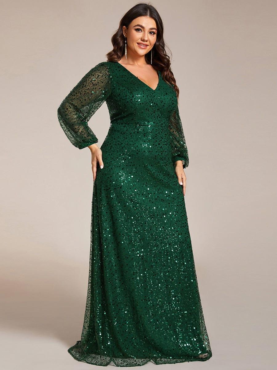 Dazzling Plus Size V-Neck Long Sleeves Sequin A-Line Evening Dress