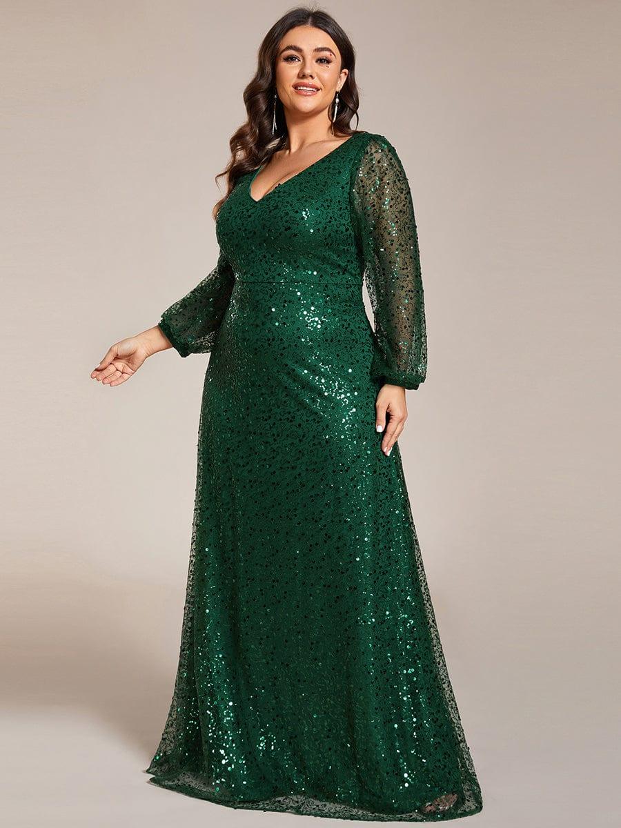Dazzling Plus Size V-Neck Long Sleeves Sequin A-Line Evening Dress