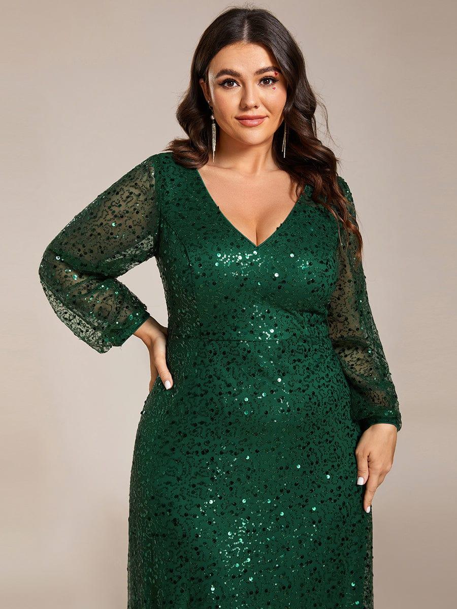 Dazzling Plus Size V-Neck Long Sleeves Sequin A-Line Evening Dress