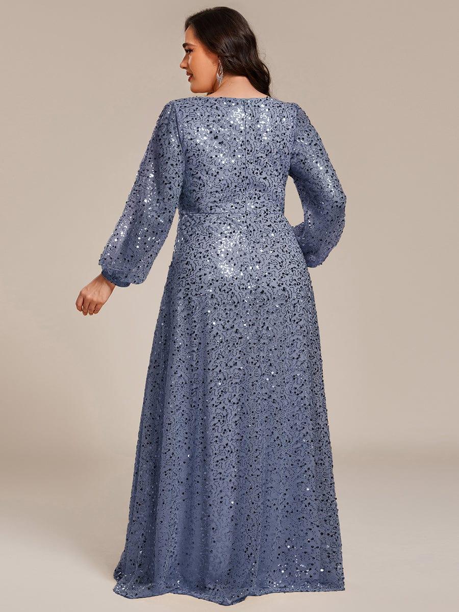 Dazzling Plus Size V-Neck Long Sleeves Sequin A-Line Evening Dress