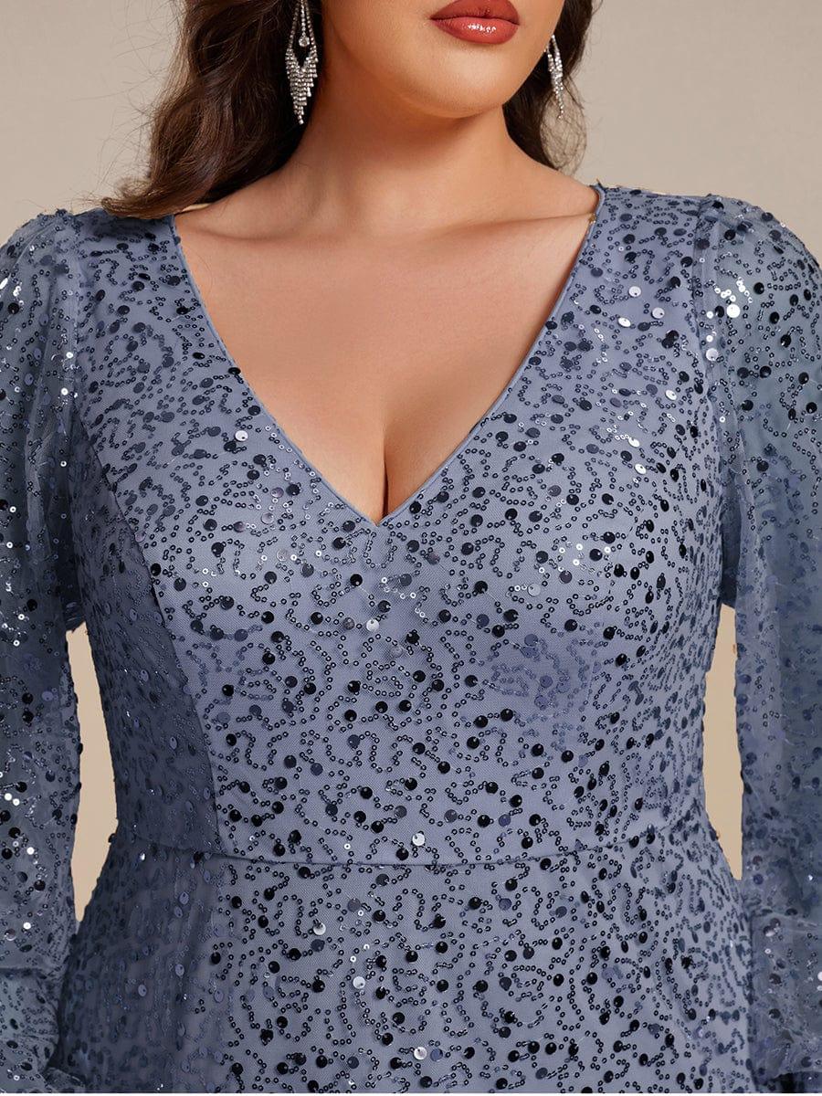 Dazzling Plus Size V-Neck Long Sleeves Sequin A-Line Evening Dress
