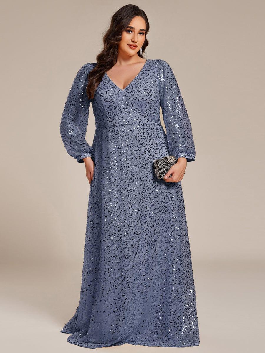 Dazzling Plus Size V-Neck Long Sleeves Sequin A-Line Evening Dress