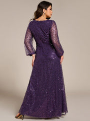 Dazzling Plus Size V-Neck Long Sleeves Sequin A-Line Evening Dress