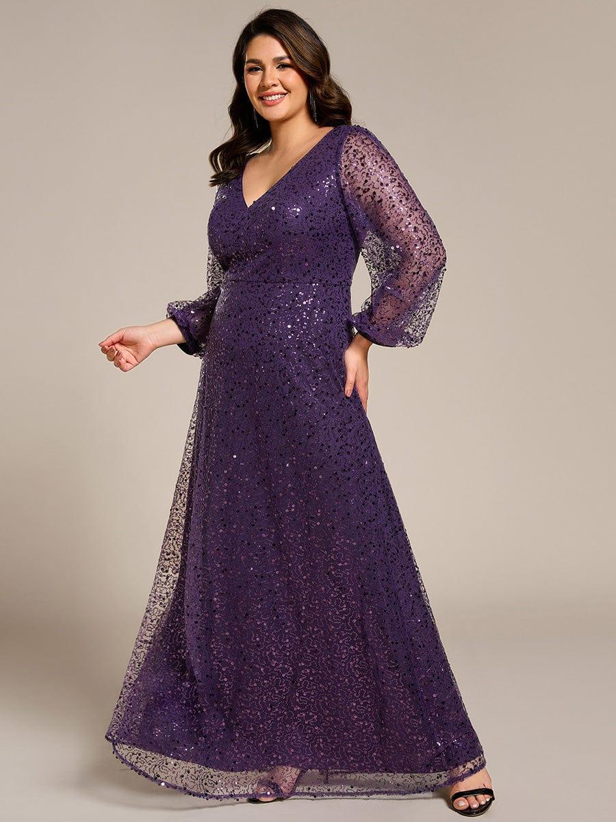 Dazzling Plus Size V-Neck Long Sleeves Sequin A-Line Evening Dress