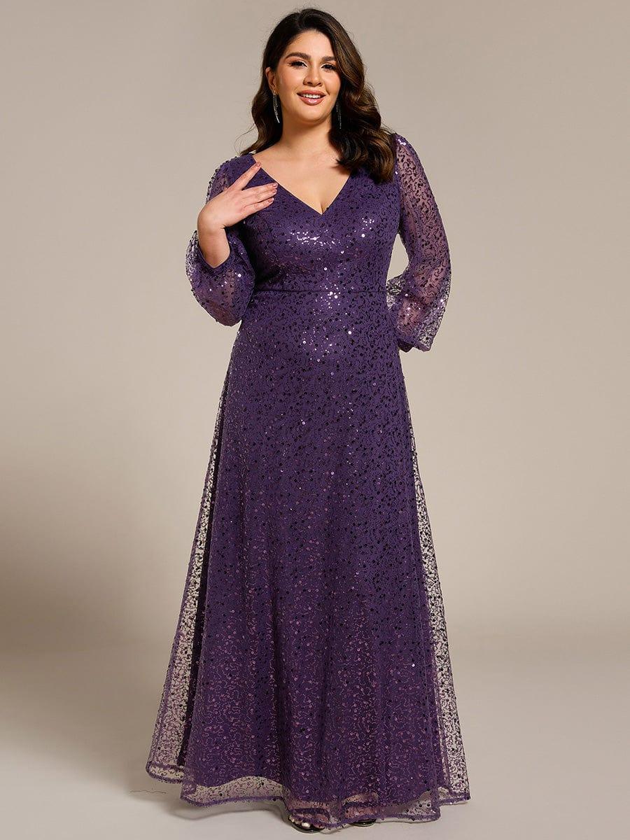 Dazzling Plus Size V-Neck Long Sleeves Sequin A-Line Evening Dress