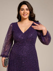 Dazzling Plus Size V-Neck Long Sleeves Sequin A-Line Evening Dress