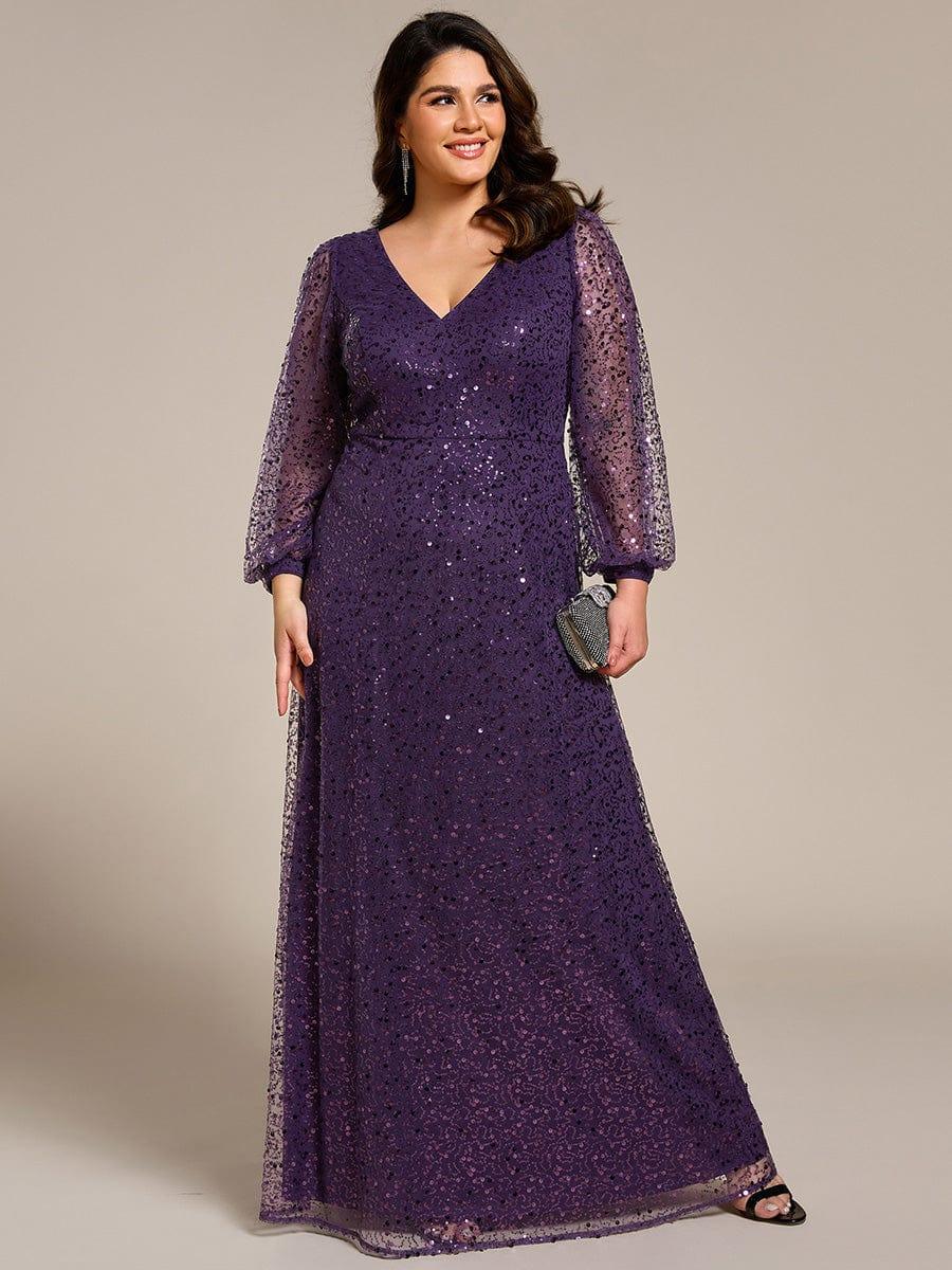 Dazzling Plus Size V-Neck Long Sleeves Sequin A-Line Evening Dress